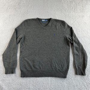 Ralph Lauren Polo Sweater Mens Large Gray Italian Yarn Lambs Wool V‎ Neck READ